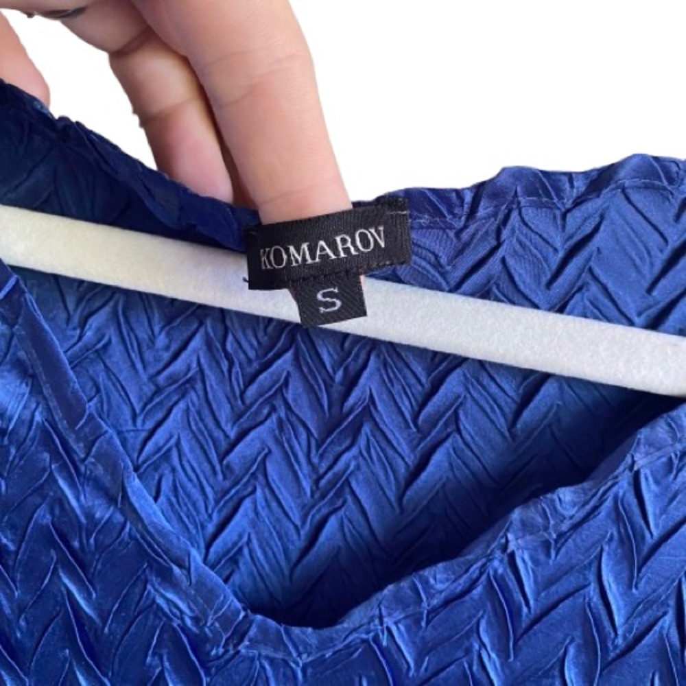 KOMAROV V-Neck Pleated Dress w/ Sheer Sleeves & Hemline Size Small Blue - Picture 9 of 14